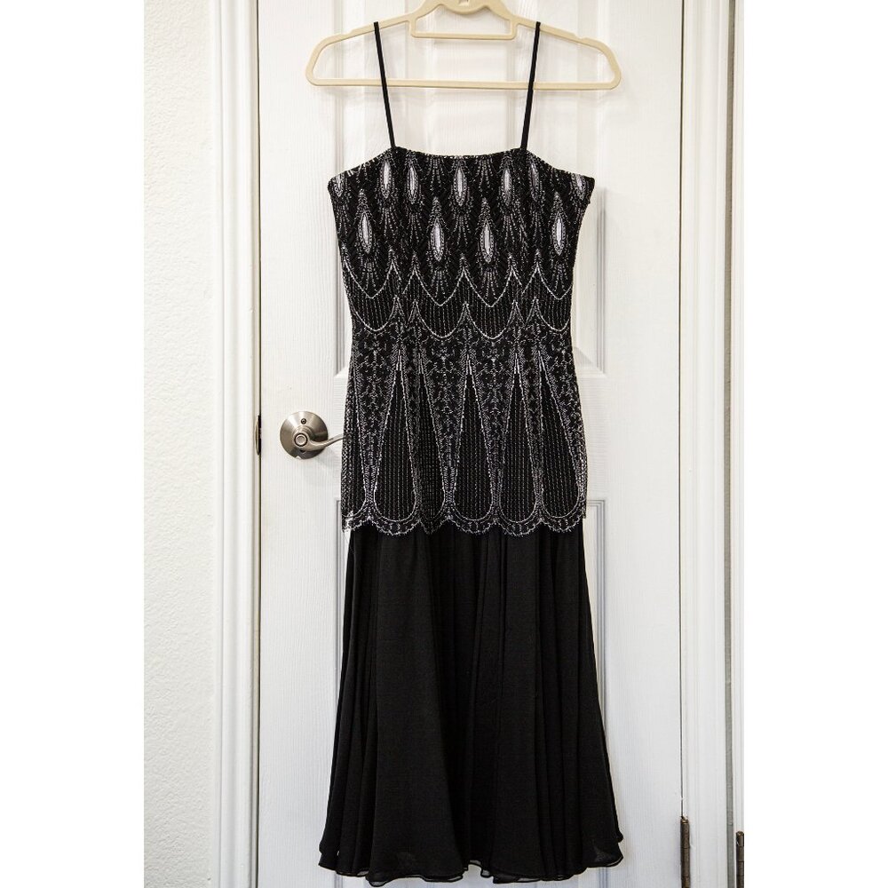 Vintage 1980s Oleg Cassini Black Strappy Evening Gown with Lace Overlay, size 8